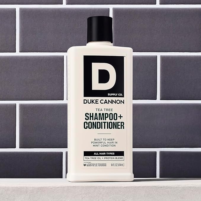 Duke Cannon Supply Co. 2-in-1 Hair Wash - Masculine Scent - Gentle Cleansing Hair Wash For Men - Stimulating Hair Shampoo & Conditioner - Strengthens Hair - Tea Tree & Midnight Swim - 2 Pack (14 oz)