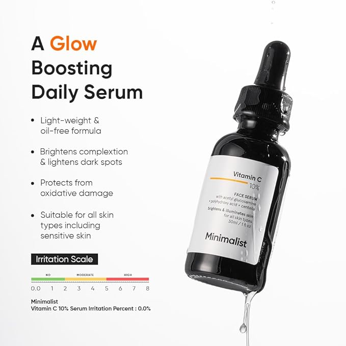Vitamin C 10% Face Serum for Brightening | Minimalist Glowing Serum, Boosts Hydration | For All Skin Types | For Women & Men | 1 Fl Oz / 30 ml