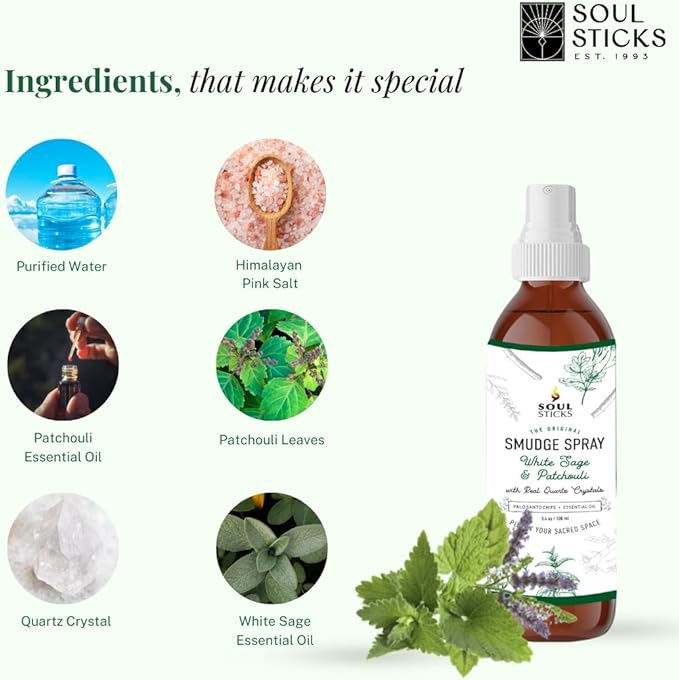 SOUL STICKS White Sage & Patchouli Smudge Spray For Cleansing and Negative Energy | 3.5oz White Sage Smudge Spray with Real Quartz Crystals | Car Fragrance Sage Room Spray for Spiritual Cleansing