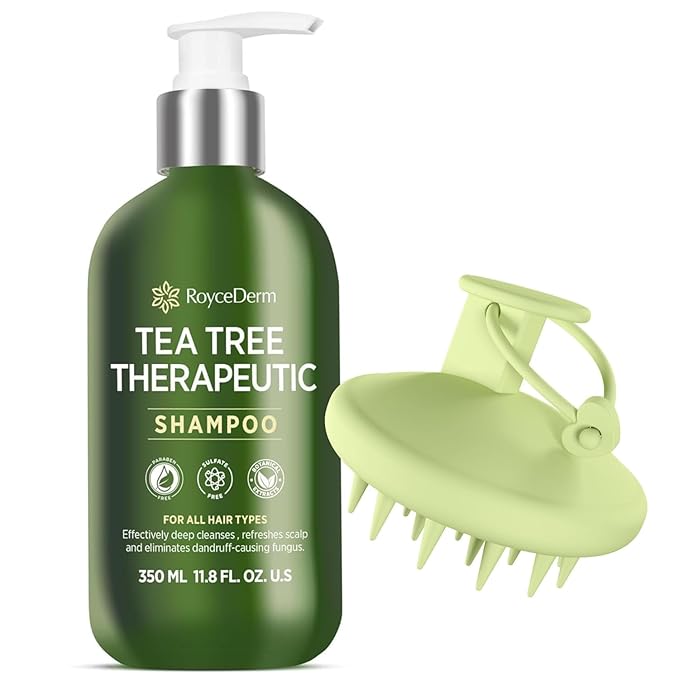 Roycederm Tea Tree Shampoo with Scalp Massager Brush - Clarifying Scalp Care Set for Dry, Itchy & Flaky Scalp, Dandruff Support, Deep Cleanse & Refreshing Scalp Routine