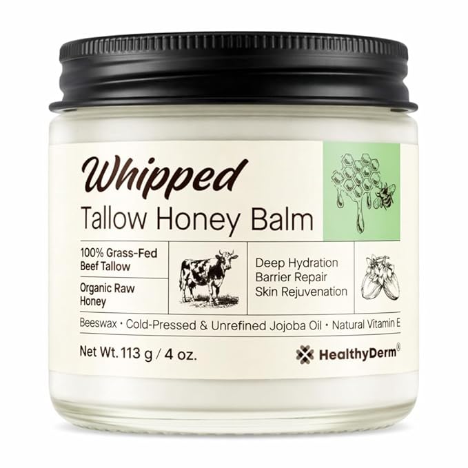 Beef Tallow Honey Balm for Skin: 100% Grass Fed Whipped Organic Moisturizer with Organic Raw Honey, Jojoba Oil, Vitamin E – Natural Face and Body Care for Mature, Dry or Sensitive Skin, 4oz