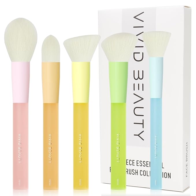 5pcs Multi Color Face Makeup Brush set – Powder, Kabuki, Angled Fluff, Blush Brushes with Vegan Bristles That Mimic Natural Wool – Non-Slip Rubber Handles – Perfect for Contouring, Setting, Blending