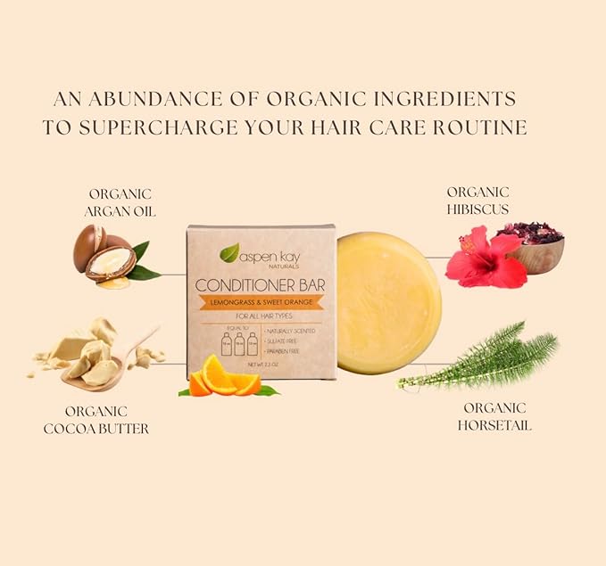 Solid Lemongrass & Sweet Orange Conditioner Bar, Natural & Organic, For All Hair Types Including Frizzy, Sulfate-Free & Cruelty-Free, 2.3 Ounce (2-Pack)