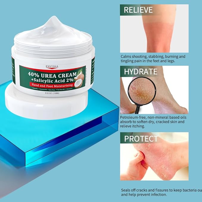 40% Urea Cream for Dry Cracked Feet- Maximum Strength Foot & Hand Moisturizer with 2% Salicylic Acid, Tea Tree, and Aloe Vera | Deep Hydration & Softener for Feet Care