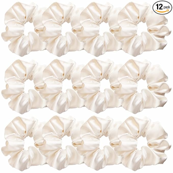 12 Pcs Satin Silk Scrunchies, Hair Ties, Hair Bands, Bow Ropes, Elastic Bracelets, Ponytail Holders, Hair Accessories for Women and Girls (4.5 Inch, Pearl White)
