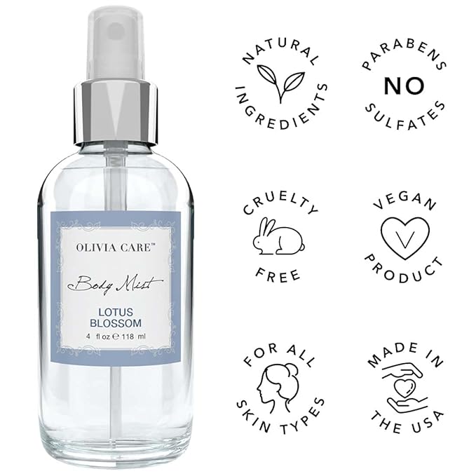 Olivia Care Body Mist Spray Made with Natural Lotus Blossom Fragrance Scent - Refreshing, Soothing & Cooling- Eliminate Odor with Fresh Aroma