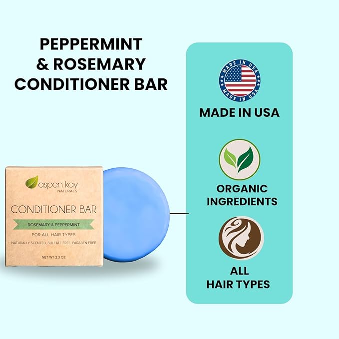 Peppermint & Rosemary Natural Hair Conditioner Bar, Organic, Vegan, Volumizing, Hydrating Argan Oil Conditioner for Curly or Straight Hair, Paraben & Sulfate Free, Made in USA - 2.3 oz.
