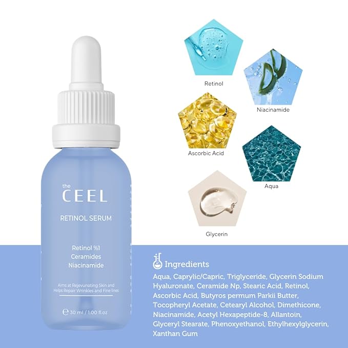 The Ceel Retinol Serum for Face | Resurfacing Retinol Serum | Firming, Anti aging, Brightening | Smoothing Fine Lines and Wrinkles | Retinol 1%, Ceramides and Niacinamide|1 fl.oz(30 ML)