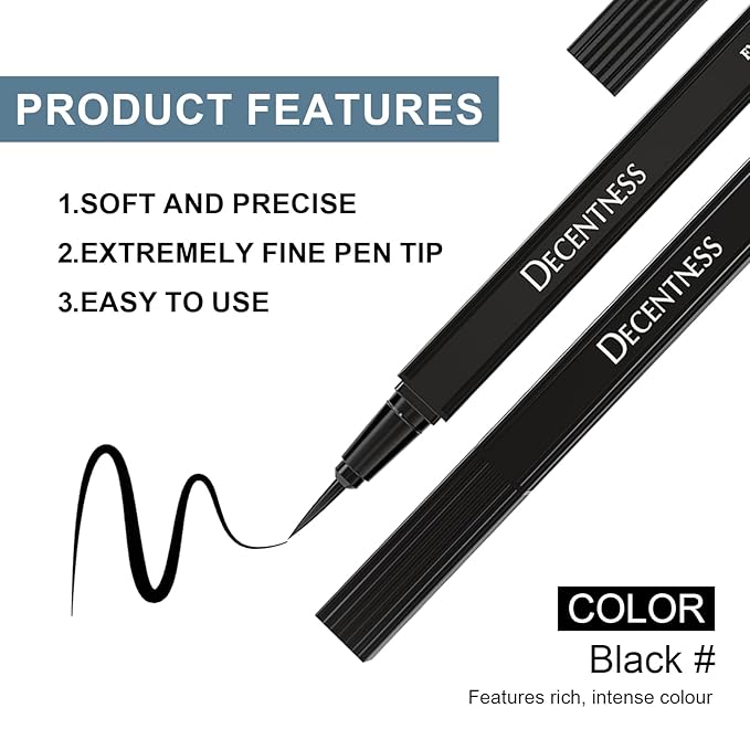 DECENTNESS Liquid Eyeliner, Eyeliner Pen with Ultra-fine Tip,Waterproof Long Lasting Makeup, Black, 0.02 fl oz