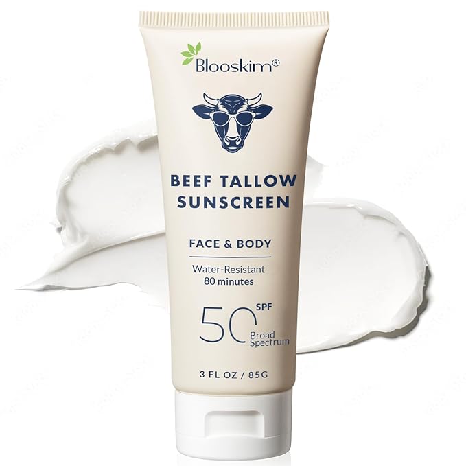 Blooskim Beef Tallow Sunscreen SPF 50: Natural Tallow & Zinc Oxide Sunblock Cream for Face & Body - Sun Protection with Non Greasy Formula for Women and Men - Water-Resistant 3 oz
