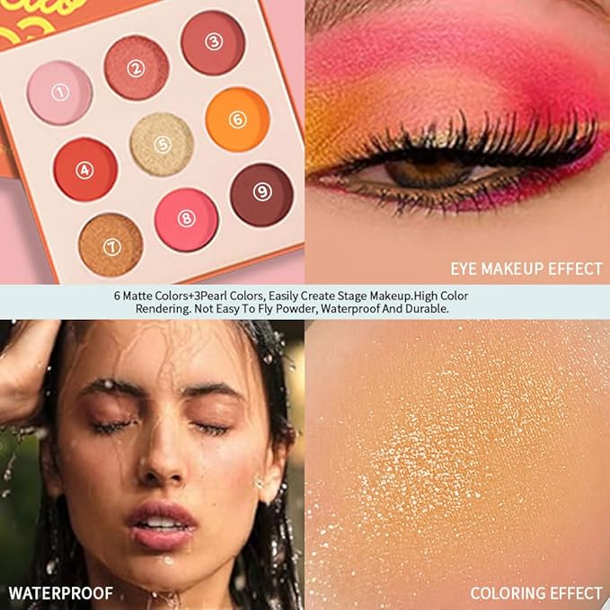 9-Color Warm Eyeshadow Palette–High Pigment Matte Shimmer Glitter Eyeshadow Palette in Orange, Coral, Pink & Brown Shades,Long-Lasting Waterproof, Blendable for Creative & Everyday Looks