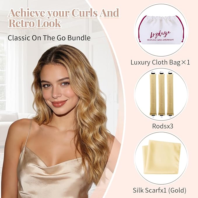 Heatless Curls Overnight Rods Heatless Hair Curler Hair Curlers To Sleep In Heatless Curls Blowout Rods Heatless Curling Rods With Luxury Cloth Bag Scarf For All Hair Types (Light gold, 3Rods)