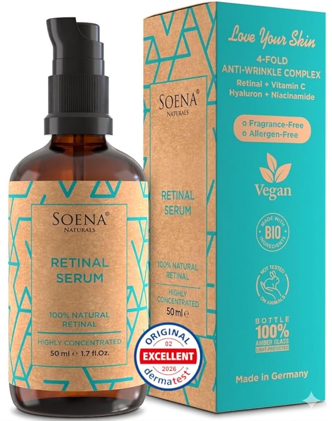 SOENA Retinol Serum for Face – The Best Retinol Form (Retinal) + 7 Active Ingredients = Hyaluronic Acid, Vitamin C, Niacinamide | Anti Aging Wrinkle & Fine Line Treatment – Made in Germany – 1.7 Fl Oz
