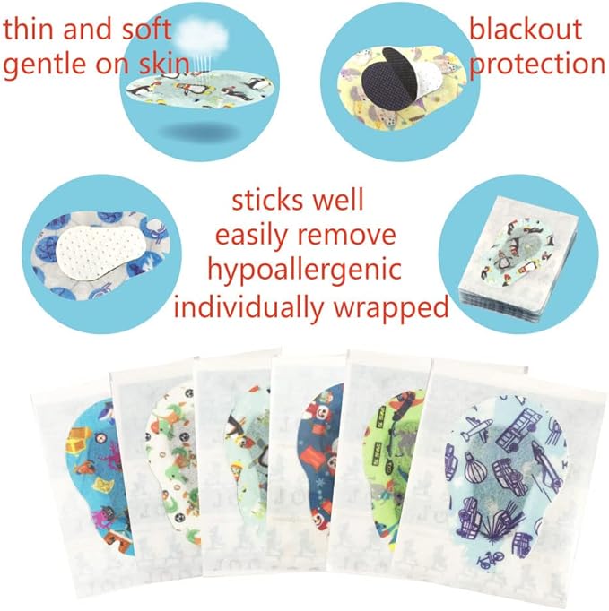 Adhesive Eye Patches for Kids with Lazy Eye, 60+6 Bonus Patches, Adhesive Bandages for Amblyopia, 6 Fun Boys Designs (Regular Size)