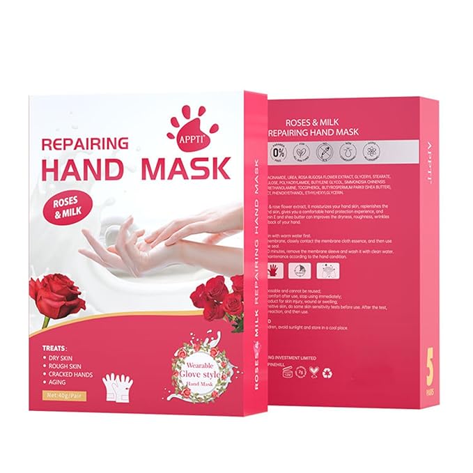 VolksRose 5 Pairs Hand Mask Gloves with Rose & Milk - Moisturizing Hand Mask for Dry Cracked Hands Overnight Repair Treatment, Intensive Hydration Spa Gloves for Women, Self Care Gifts for Rough Skin