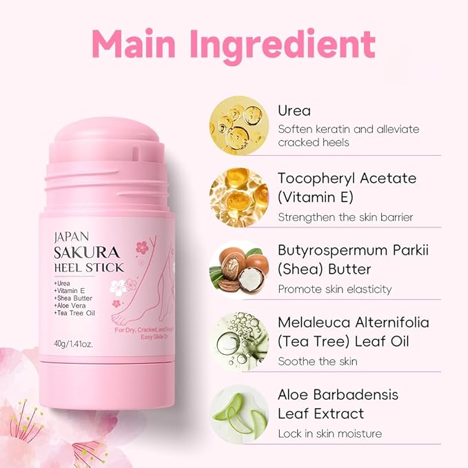 2 Pcs Sakura Foot Care Creams for Dry and Cracked Feet,Sakura Scent Cracked Heel Repair Sticks with Shea Butter,Vitamin E and Aloe Vera,Deeply Moisturizing,Softening and Smoothing Feet,1.4 Oz