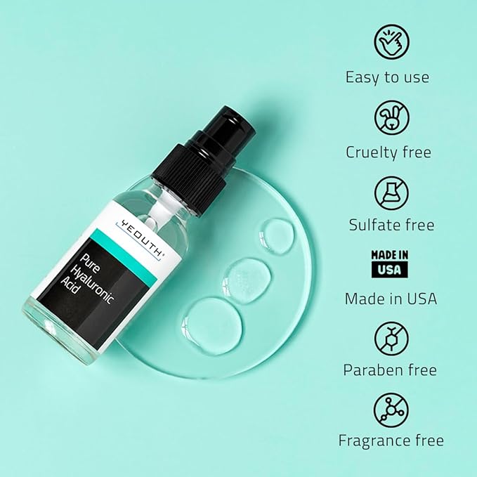 YEOUTH Pure Hyaluronic Acid Serum for Face, Hydrating Face Serum for Women & Men, Moisturizing Hyaluronic Acid Skincare for Dry Skin, Water-Based Skincare for Smoother-Looking Skin, 2 oz