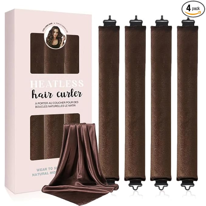 Heatless Hair Curls Overnight Curler - 4 Pcs Curling Rod to Sleep In, Velvet Hair Rollers with Satin Hair Scarf (Brown)