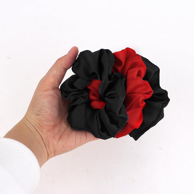 Silk Satin Scrunchies for Women Girls 12 PCS Black & Red Hair Scrunchies Silk Satin Hair Ties for Thick Hair Bulk Hair Ties Hair Accessories