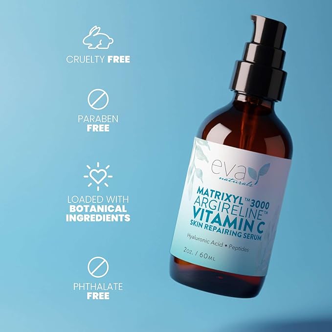 Eva Naturals Matrixyl 3000 & Argireline Peptide Serum for Face – Anti-Aging Collagen Booster with Vitamin C & Hyaluronic Acid – Reduces Appearance of Fine Lines, Smooths, Hydrates & Firms - 2 Fl Oz