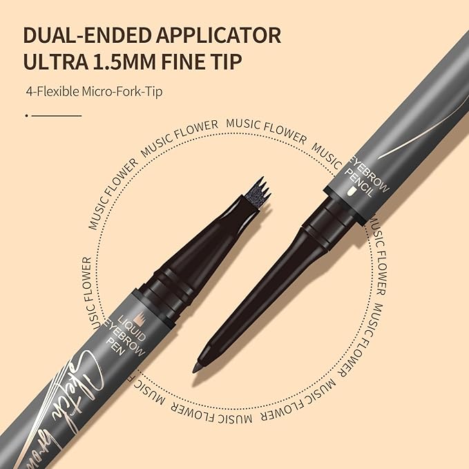 Music Flower Dual-Ended Microfilling Eyebrow Pen, Liquid Eyebrow Pen with 4 Micro Brush-Tip Applicators & Brow Defining Pencil with Precision Tip (Dark Grey)