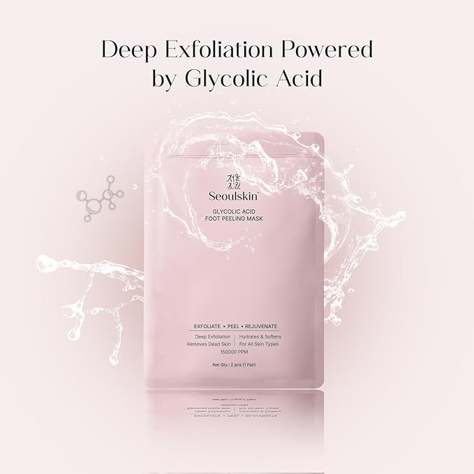 Seoul'Skin Glycoli'c Acid Foot Peel Mask (150,000 PPM) deeply exfoliates, removes dead skin, softens, and hydrates. Vegan, cruelty-free, paraben-free-ideal for all skin types.