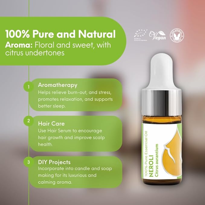 Essences Bulgaria Organic Neroli Essential Oil 0.1 Fl Oz | 3ml | Citrus aurantium | 100% Pure and Natural | Undiluted | Therapeutic Grade | Aromatherapy | Cosmetics | Cruelty Free | Non-GMO | Vegan