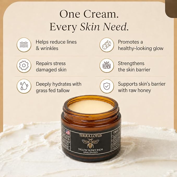 Terra Lotus - Organic Grass-Fed Beef Tallow Balm with Raw Honey - Moisturizing Cream for Soft, Smooth Skin - Handmade All-Natural Moisturizer (2 Oz, Unscented)
