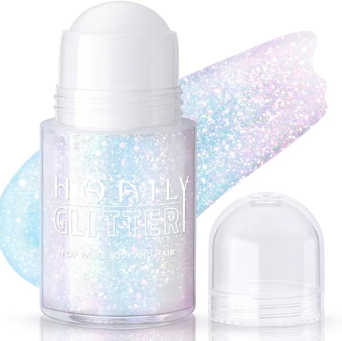 HOSAILY Roll-on Holographic Body Glitter Gel for Face Hair, Chameleon Color Changing Glitter Gel Under Light, Chunky Mermaid Sequins Festival Party Rave Accessories Shimmer Makeup (Sparkling Pink)