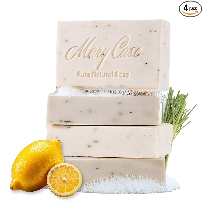 Mary Case Lemon Bar Soap Set of 4 | Natural Soap with Olive & Coconut Oils + Dried Lemongrass | Vegan Bath Soap for Men & Women | Balancing Oily Skin & Boosting Skin Vitality
