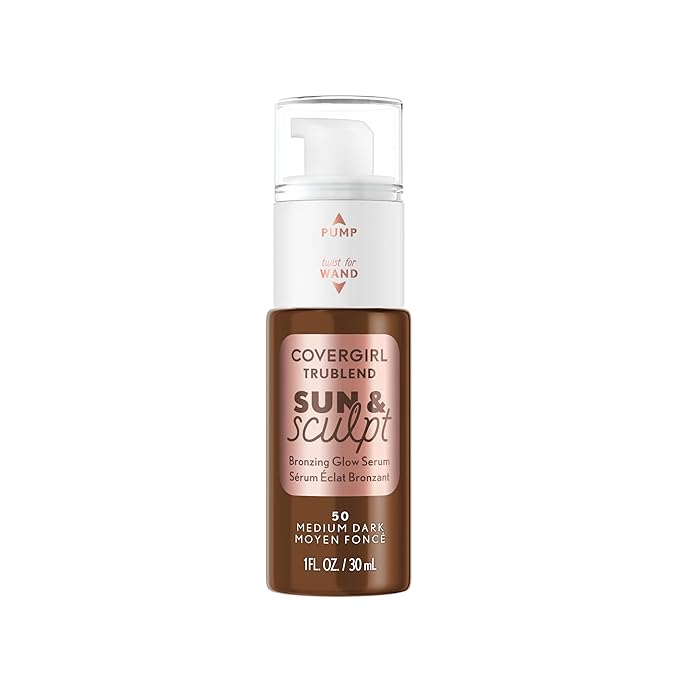 COVERGIRL TruBlend Sun & Sculpt Bronzing Glow Serum, Buildable, Radiant Glow, Wand and Pump Applicator - 50 Medium Dark