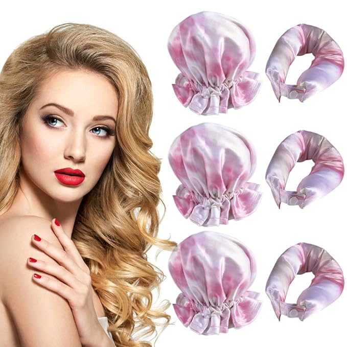 Hair Rollers Set - 6 Satin Heatless Curlers, Headband Rod, and Cap for No-Heat Curls on All Hair Types (Tie-dye Pink)