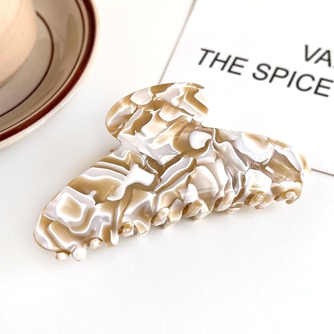 Wenlly large tortoise shell claw clip, marble non-slip strong hair barrettes, 4.1 Inch cellulose acetate hair claw clips, beige