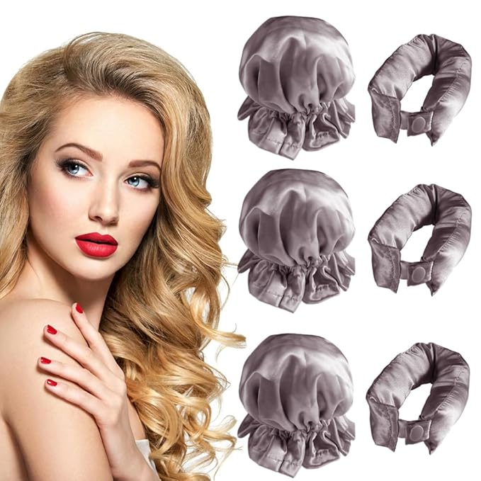 Hair Rollers Set - 6 Satin Hair Curlers with Headband and Cap for Heatless, No-Heat Curls on All Hair Types (Purple)