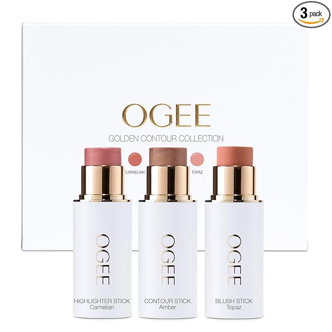 Ogee Face Stick Trio - Golden Contour Stick Makeup Collection - Certified Organic Bronzer, Blush Stick, and Highlighter Stick for a Flawless Look