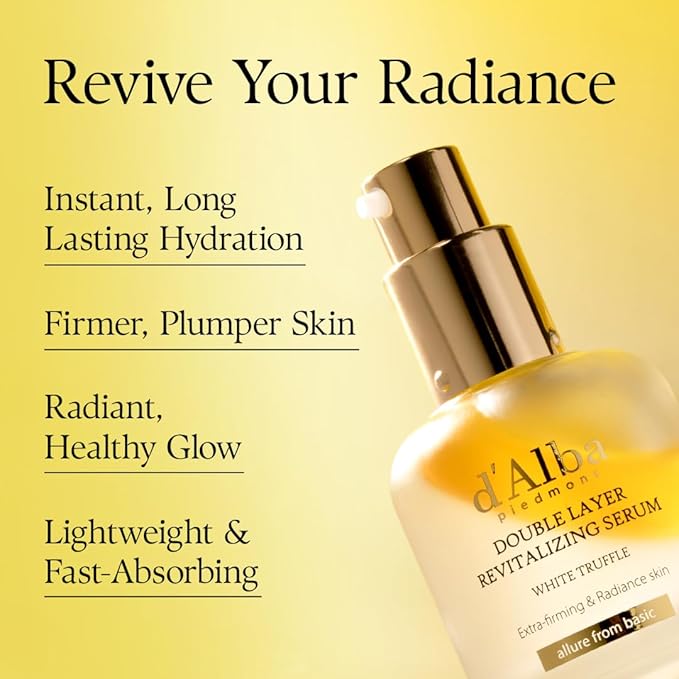 d'alba Piedmont Italian White Truffle Double Layer Revitalizing Serum (1.01 fl.oz), 100hr Hydration, Hyaluronic Acid and Centella Asiatica, Skin Firming and Tightening, Long-lasting Korean Skin Care