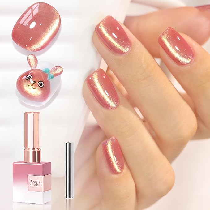 Double Rhythm 15ML Jelly Glass Cat Eye Gel Polish with Magnet Holographic Glitter Shimmer Translucent Sheer Color Salon Soak Off Magnetic Nail at Home (Peach Pink Gold-MC1195)