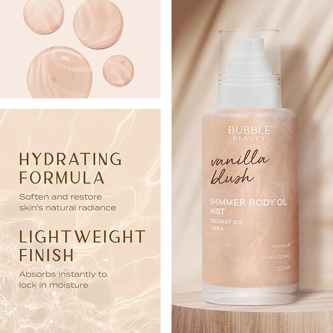 Shimmer Body Oil Mist – Vanilla Blush | Hydrating Glow Mist with Coconut Oil & Shea | Subtle Shimmer & Soft Vanilla Scent, 6 Fl Oz