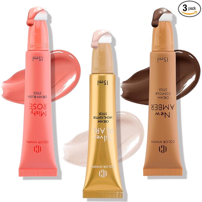 Color Nymph Liquid Makeup Wand Combo, Hydrating Brown Contour Stick Glow Liquid Highlighter Pigmented Blush For Cheeks Fine Texture Natural Blend Long Lasting (Brown Contour+Blush+Highlighter)