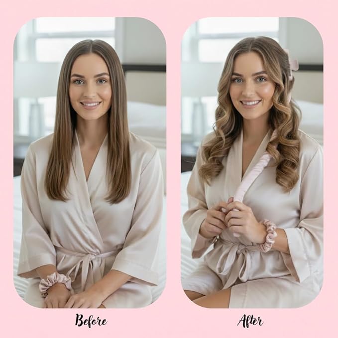 Heatless Curls Overnight Kit, 39" Satin Curling Rod – Frizz-Free No-Heat Waves for Long Hair, Comfortable to Sleep In, Includes 2 Scrunchies & Claw Clip (Pink)