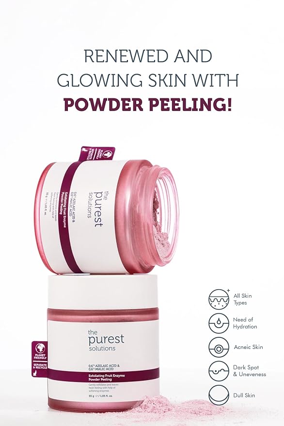 The Purest Solutions Fruit Enzyme Powder Exfoliator & Peeling (0.6% Azelaic Acid & 0.6% Malic Acid) - Boosts Regeneration Cycle & Targets Radiant Skin - Vegan | Cruelty Free | Eco Friendly (1.94 oz)