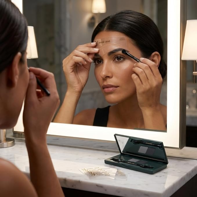 Marie-José Soft Charcoal & Black Duo Brow Powder Kit – Waterproof Eyebrow Powder with 6 Reusable Stencils & Dual-Ended Brush, Long-Lasting Natural-Look Brow Makeup for Dark Hair & Silver Highlights