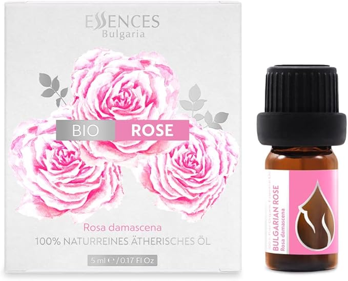 Essences Bulgaria Organic Rose Essential Oil 1/6 Fl Oz | 5ml | Rosa Damascena | 100% Pure and Natural | Undiluted | Therapeutic Grade | Family Owned Farm | Steam-Distilled | Non-GMO | Vegan