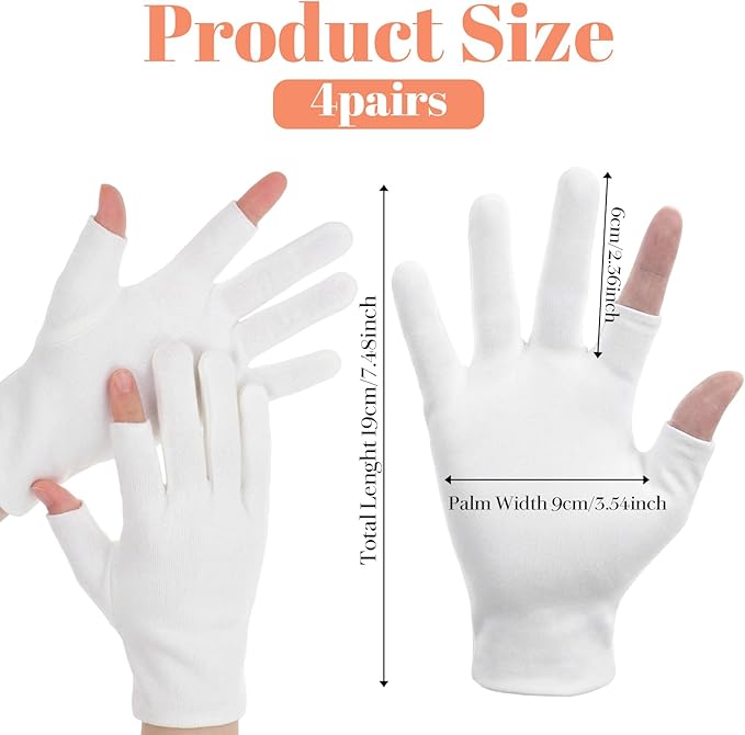 4 Pairs Cotton Gloves for Dry Hands Sleeping, Fingerless Moisturizing Gloves, White Cotton Eczema Glove for Overnight Lotion Treatment, Touchscreen Design