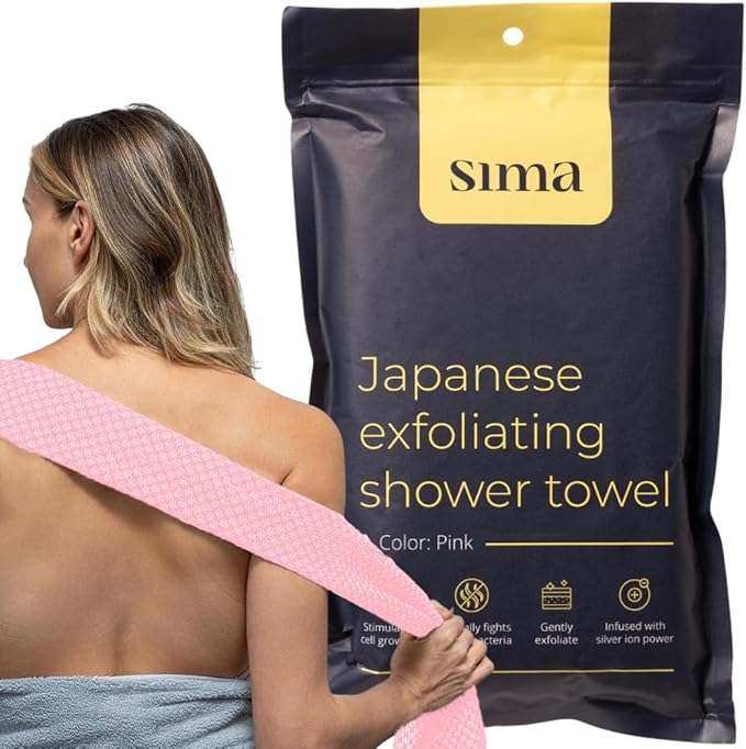 Sima Brand Exfoliating Washcloth Face & Body Scrub Towel - Japanese Exfoliating Towel with Hexagon Fibers, Body Scrubber with 2 Sides for Scrubbing & Washing, Extra Long Body Towels (Pink, 3 Pack)