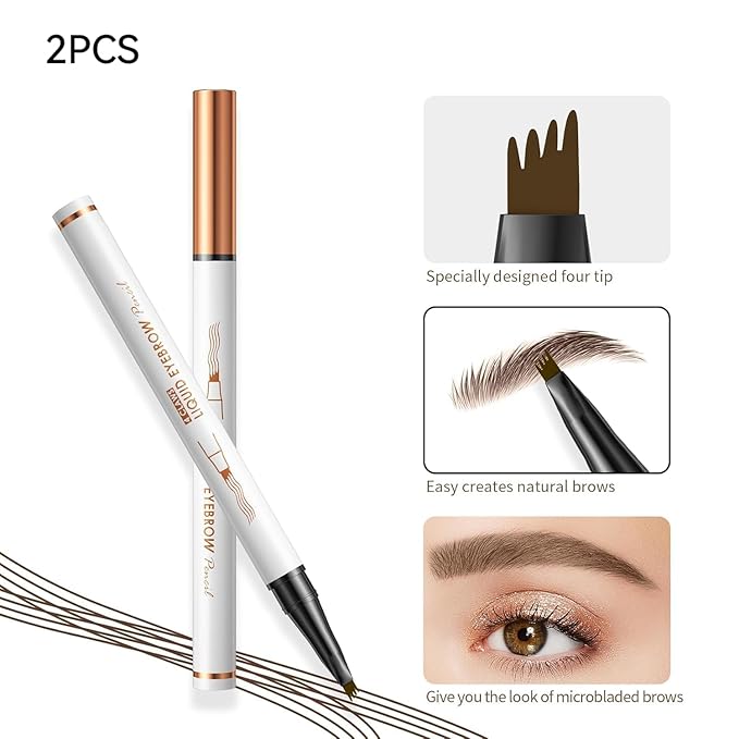 2 Pcs Microblading Eyebrow Pen, 2026 Upgraded 3D Waterproof 4-Tip Eyebrow Pencil, Natural Makeup Long-Lasting Fine Stroke Magic Eyebrow Pencil for Women Stay on All Day (Light Brown(2 Pcs))