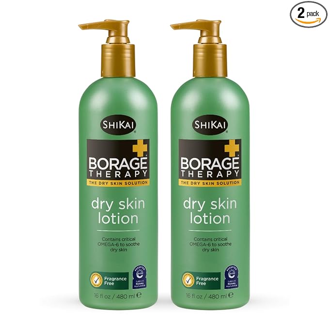ShiKai Borage Therapy Dry Skin Lotion Moisturizer (16oz, Pack of 2) Unscented Skincare | Hydrating Lotion for Eczema, Dry Hands & Body | With Oatmeal, Shea