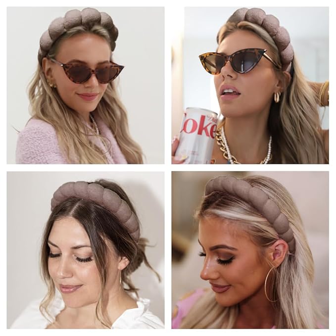AOENJIE Spa Headbands for Washing Face or Makeup, Sponge Bubble Skincare Headbands, Puffy Terry Cloth Hairband for Women, Skin Care Makeup Headwear Hair Accessories for Girls (Dark Coffee)