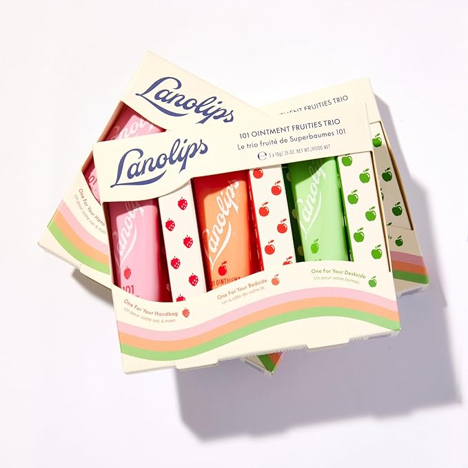 Lanolips 101 Ointment Fruities Trio - Fruity Lip Balm Gift Set & Stocking Stuffer - Strawberry, Peach & Green Apple Flavored Lip Moisturizer for Dry Lips - Dermatologist Tested (10g / 0.35oz each)