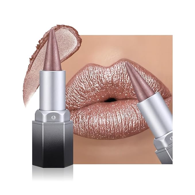 evpct Shimmery Metallic Lip Liner and Lipstick Combo, Cone Tip Lip Crayon for Women Long Lasting Waterproof, Metal Shinny Hydrating Lipstick Makeup, Glitter Lips Liner Pencil for Shimmery Shade